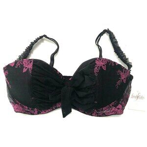 NWT Fredericks Of Hollywood Bra Med. Black Pink Embroidery Ribbon Mesh Cinched